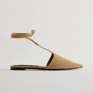 EUC ZARA Tied Leather T-bar Mule Suede Tan Ankle Tie Sandals Size 6US